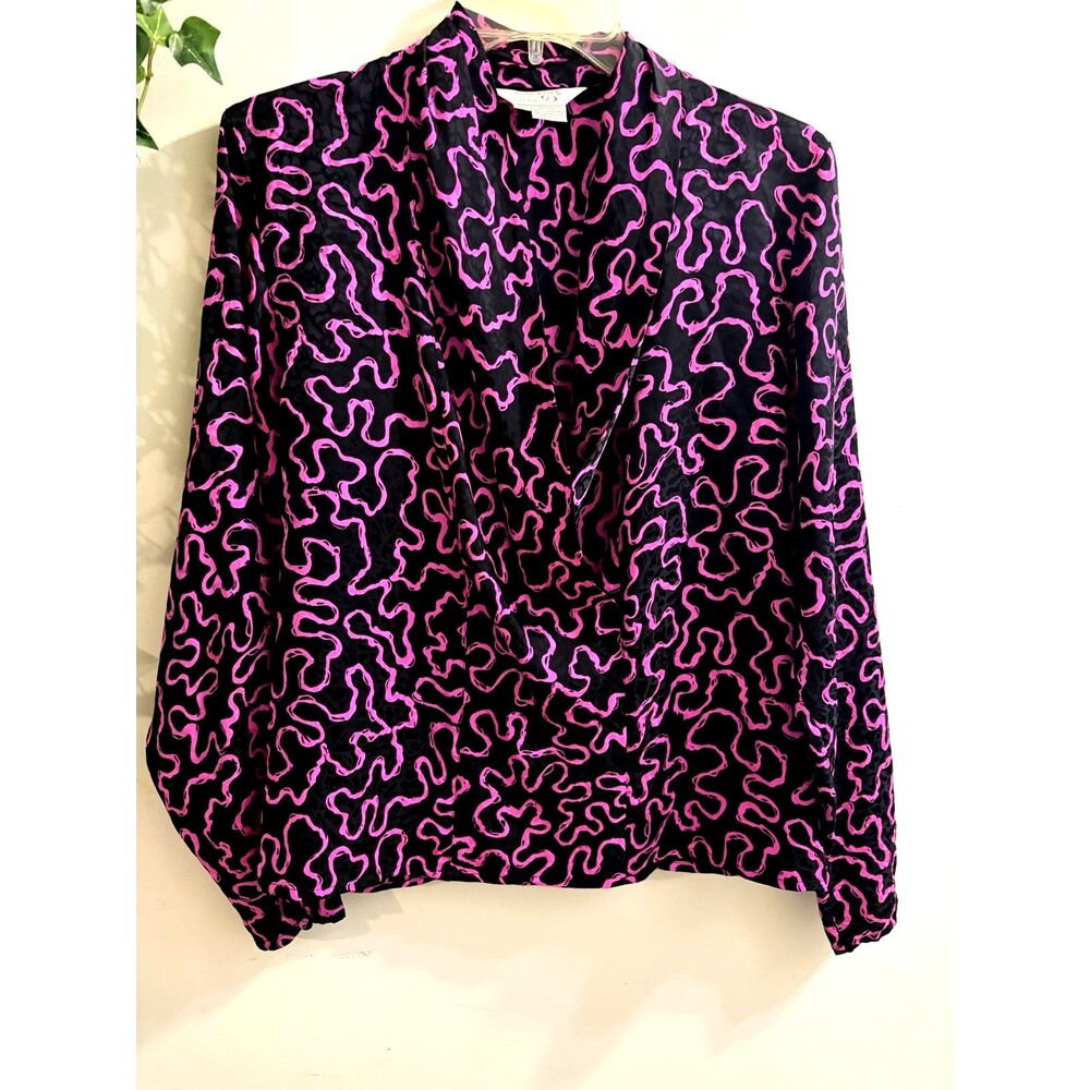 Doncaster Silk Womens Blouse Sz 6 Faux Wrap Pink Black Retro Career Business